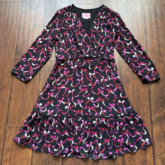 Kate Spade NY Dress Sz 6 Bow Print Ruffle Hem Black Pink Red Holiday Party - Picture 5 of 15
